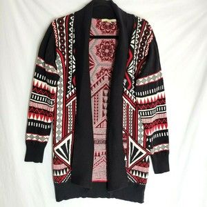 Mi Ami Women's Cardigan Black Red White Geometric Boho Southwestern Open Front M